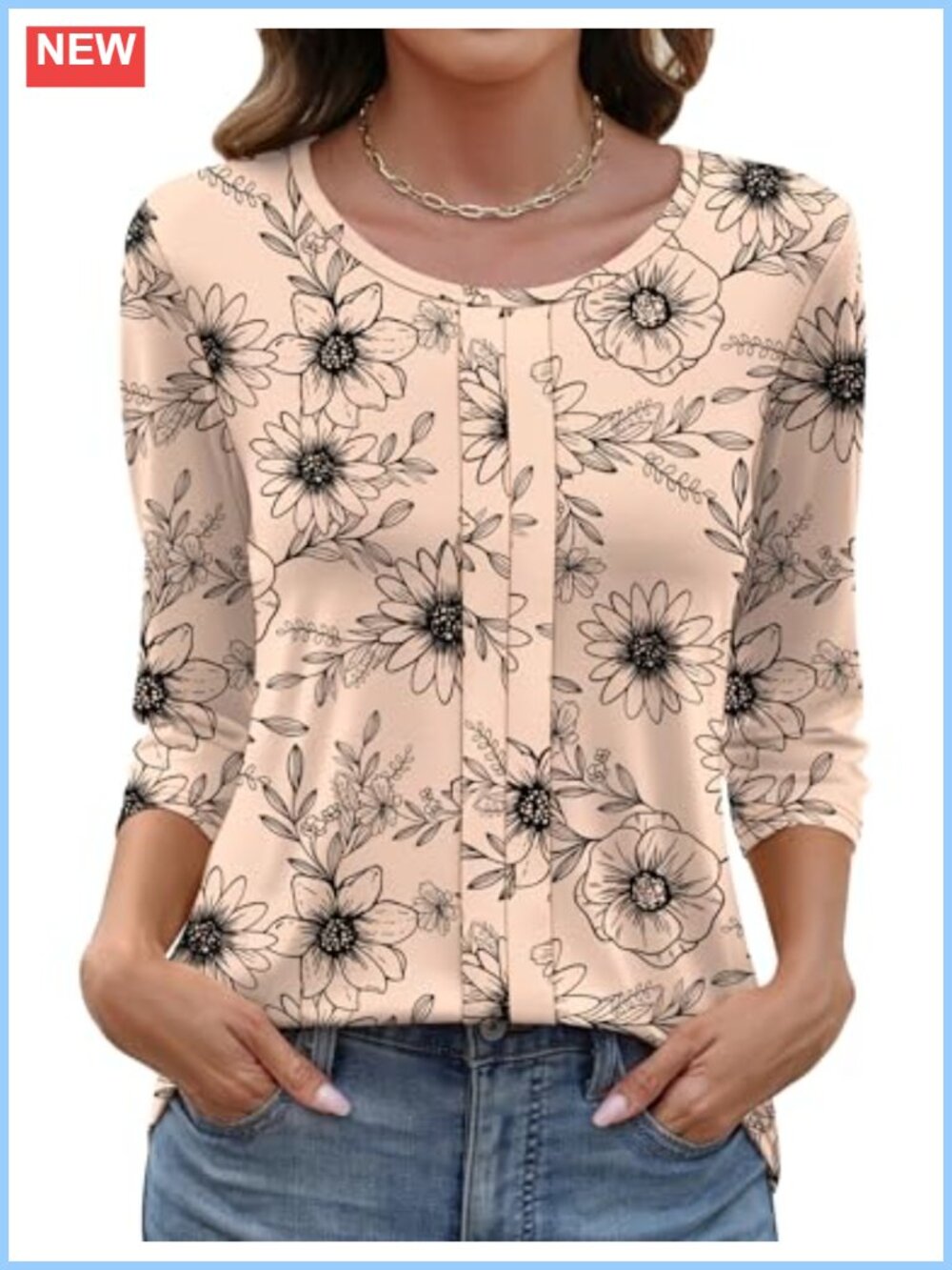 Womens 3/4 Sleeve Pleated Tunic Top Crewneck Casual Beach Vacation T Shirt